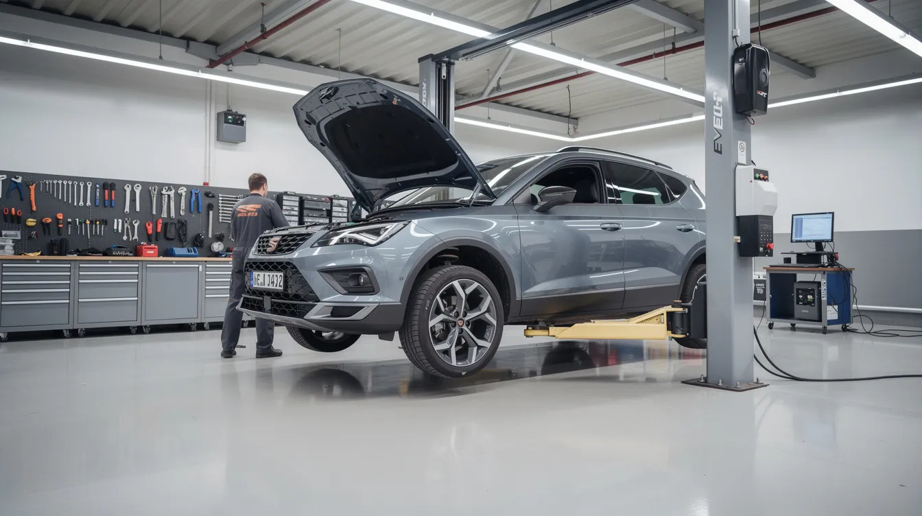 A SEAT SUV is elevated on a vehicle lift in a professional service workshop, showcasing its modern design and advanced safety features. The spacious interior and higher driving position highlight its practicality for both urban driving and weekend getaways, making it a well-suited choice for larger families seeking versatility and fuel efficiency.