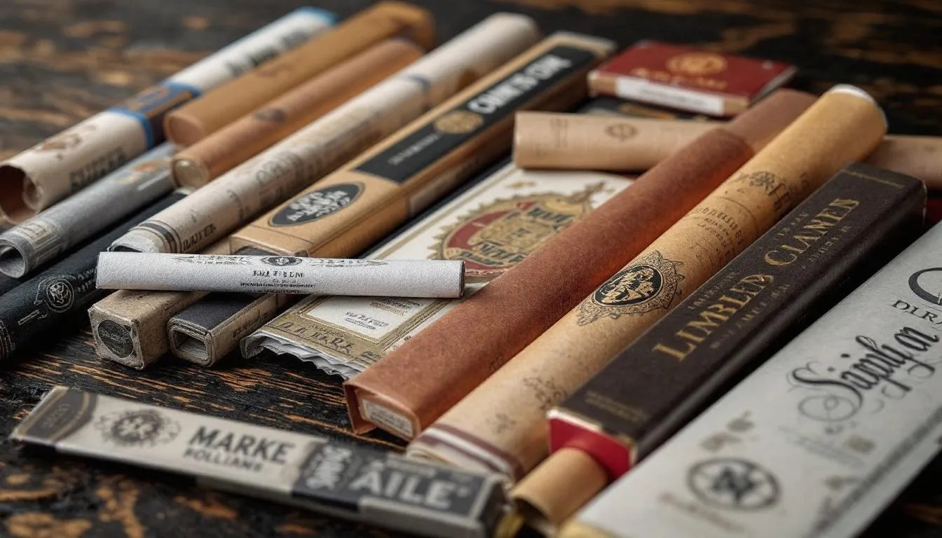 Various high-quality rolling papers, including rice paper and hemp paper, are neatly spread out on a wooden surface, showcasing different brands and styles for an enhanced smoking experience. The assortment includes custom rolling papers and pre rolled cones, highlighting the diversity of paper materials available for smoking accessories.