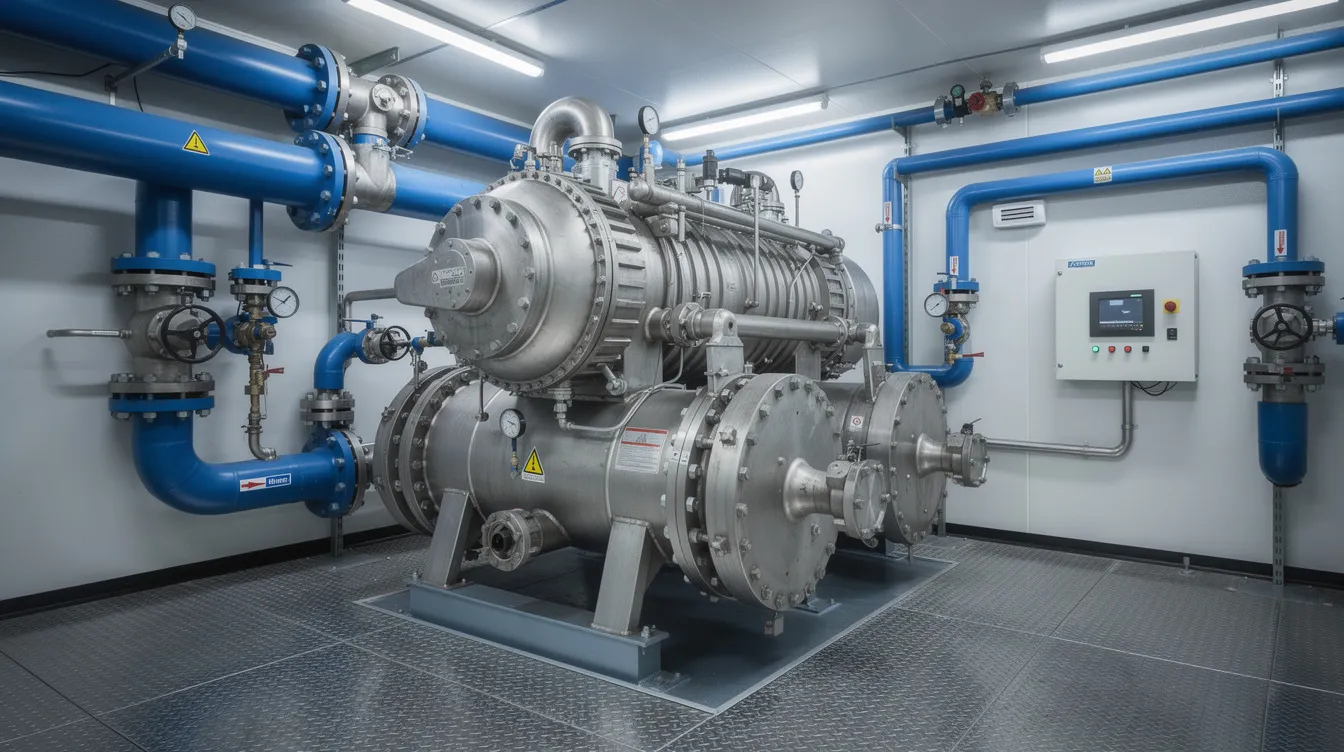 The image shows a large industrial ammonia refrigeration compressor unit situated in a machine room, featuring extensive blue piping. This equipment is essential for maintaining the low temperatures required for ice cream hardening and ensuring the product quality of frozen desserts in facilities like those found in Ahmedabad, Gujarat.