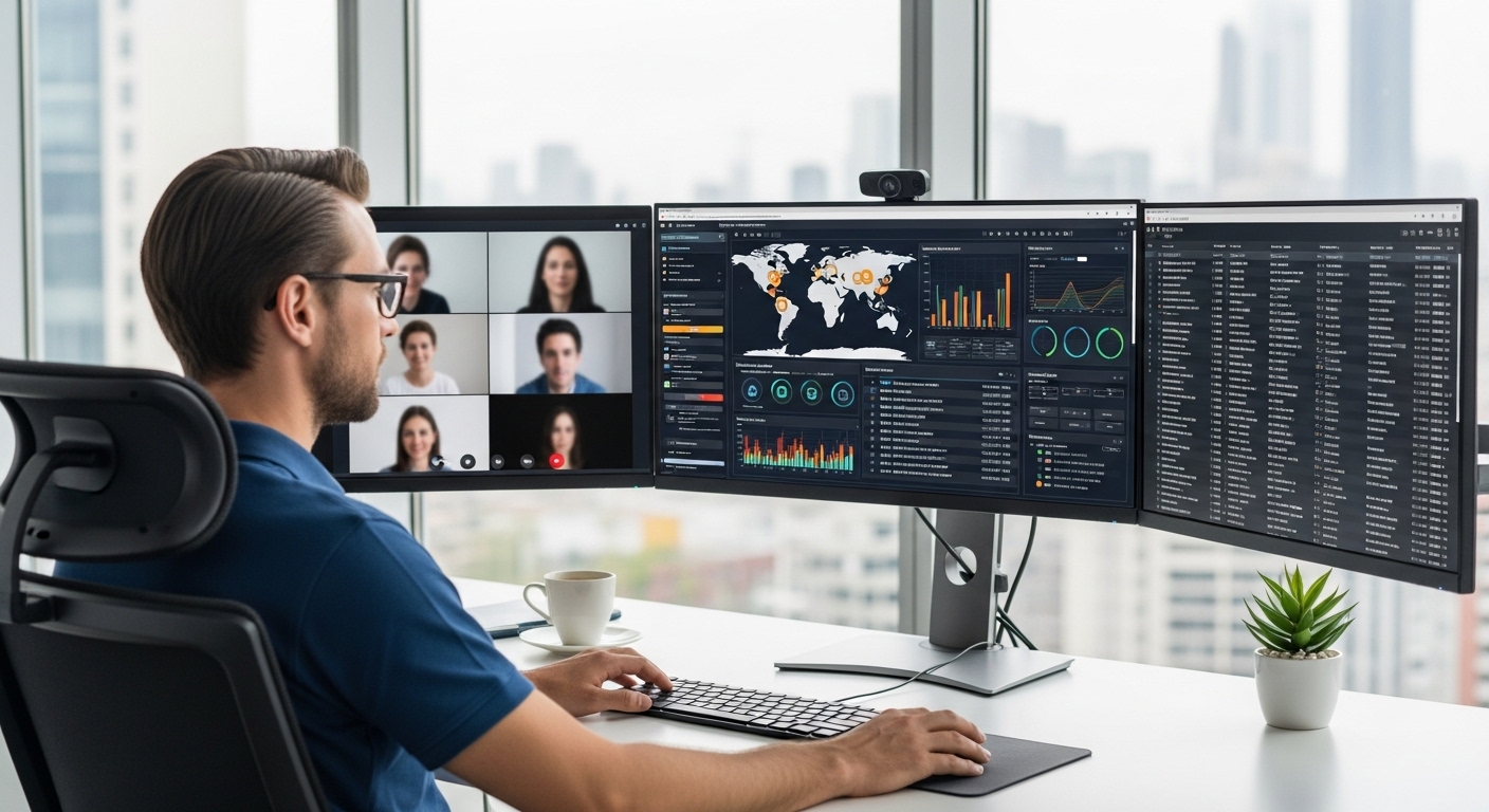 IT admin controlling access and security for remote users through a centralized VDI dashboard.