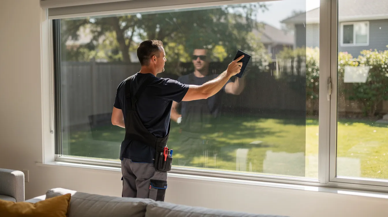 A person in work clothing is meticulously applying tinted film to a large residential window on a sunny day, showcasing a home improvement service that can be part of a rewarding business model for franchise owners. This scene highlights the attention to detail and quality service delivery that contributes to client satisfaction in the franchise industry.
