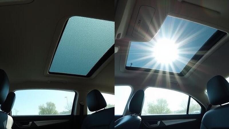 Comparison of a car interior one side with a tinted sunroof and without tinted sunroof