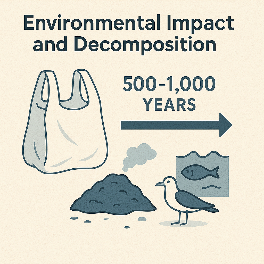 Plastic bag next to a timeline arrow reading “500–1,000 years.” Icons show landfill waste, a fish in water, and a bird, symbolizing pollution and harm to wildlife.
