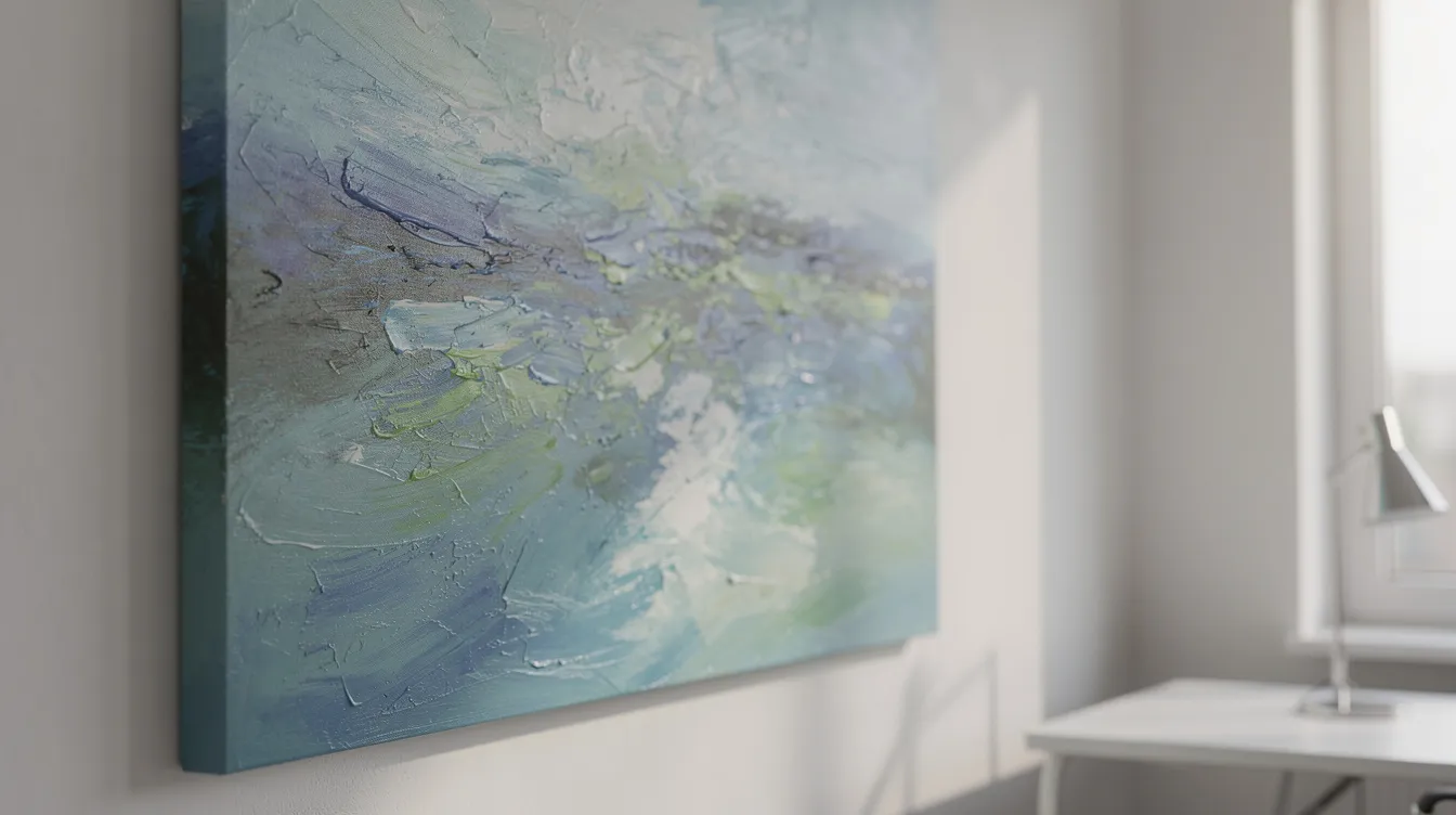 En närbild av en canvastavla med ett abstrakt motiv i blå och gröna toner, upphängd på en ljus kontorsvägg, som speglar företagets värderingar och skapar en inspirerande arbetsmiljö för de anställda. Tavlan bidrar till en modern och kreativ atmosfär i kontoret.