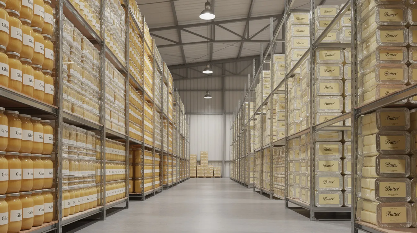 The image shows rows of neatly arranged packaged ghee jars and blocks of butter on industrial shelving in a ghee manufacturing plant. This setup reflects the organized storage of dairy products essential for the ghee production process, highlighting the scale of operations in the food processing industry.