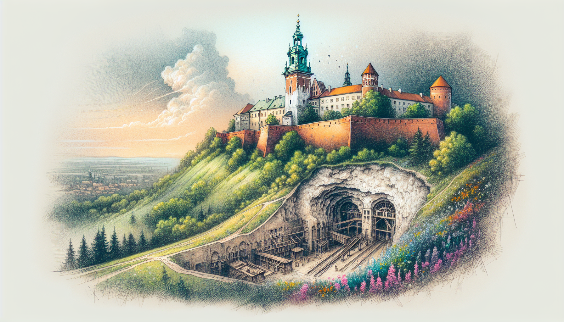 A captivating illustration of cultural and historical activities in Krakow, including the Wieliczka Salt Mine and Wawel Royal Castle.