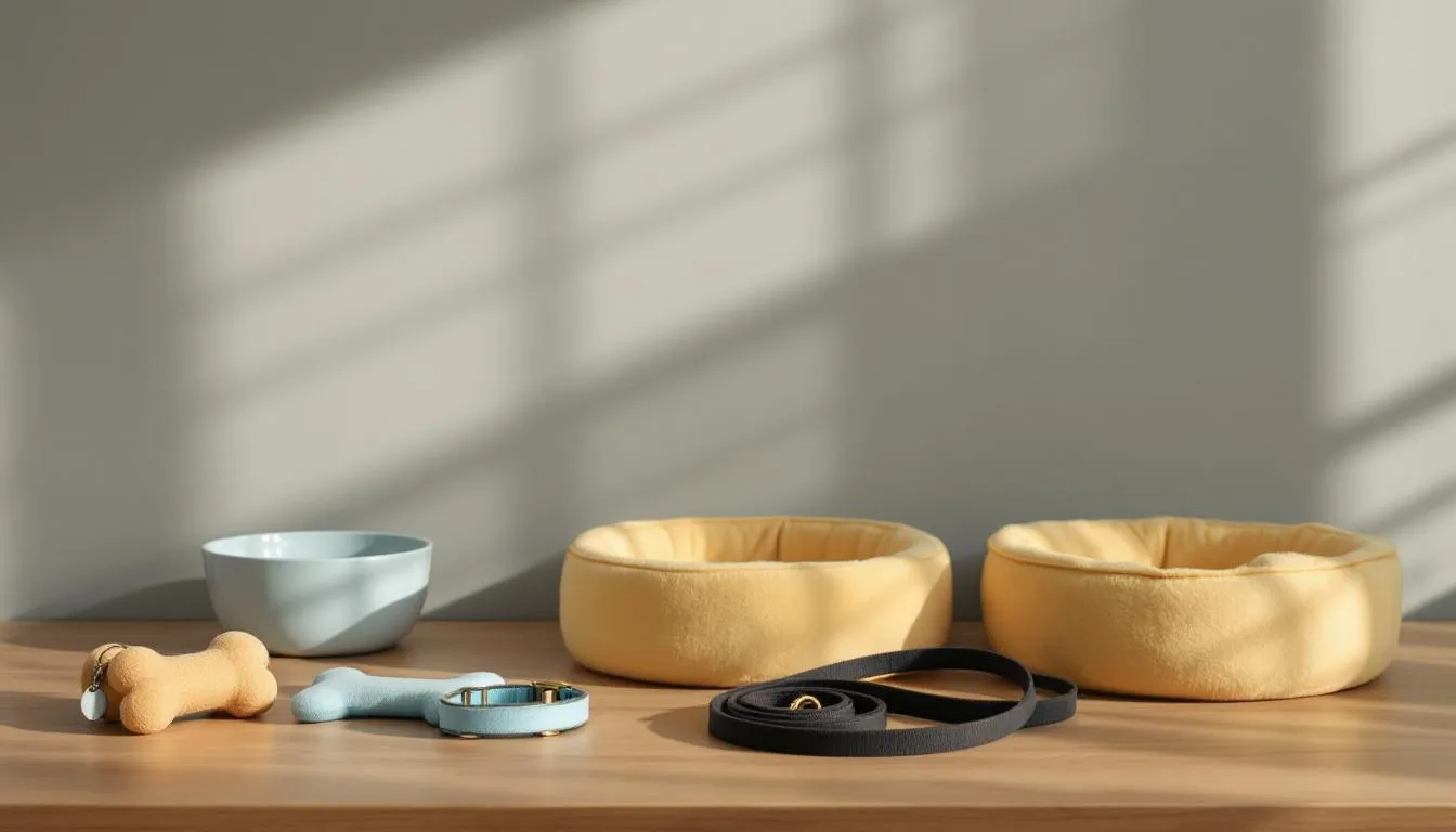In the image, a well-organized collection of puppy supplies is neatly arranged, including toys, bowls, and training pads, in preparation for welcoming a new medium goldendoodle puppy into a loving home. This setup reflects the excitement and care of first-time puppy parents as they imagine life with their sweet furry family member.