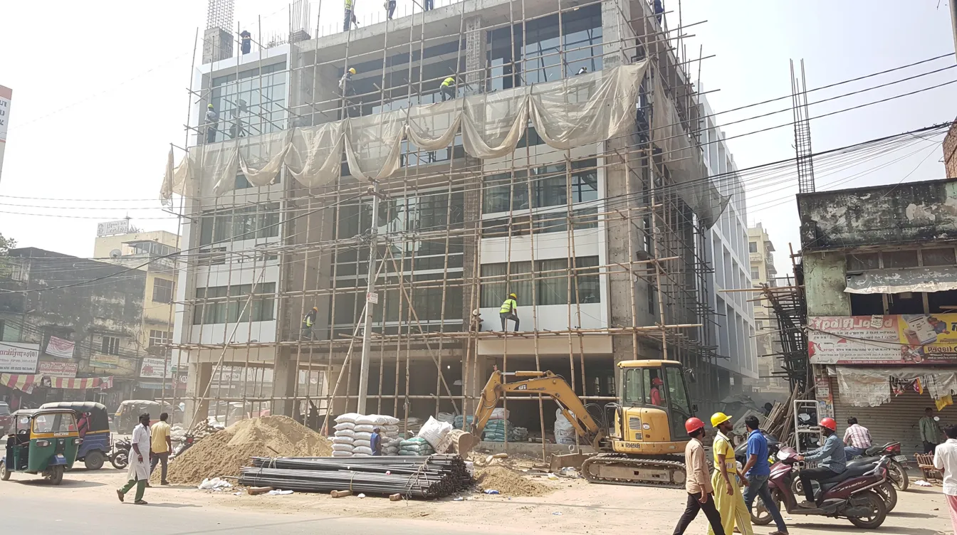 The image depicts a hotel building under construction in an Indian city, featuring scaffolding and workers actively engaged on site. This scene highlights the ongoing hotel project, which is crucial for the hospitality sector and may involve various hotel financing options, including bank loans and private equity firms for project funding.
