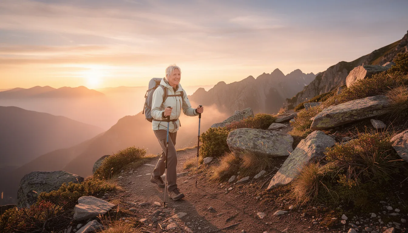 An active older adult is hiking on a mountain trail at sunrise, with the soft morning light casting golden tones over the landscape. This scene highlights healthy aging and the remarkable health benefits of outdoor activities, which can support cardiovascular health and improve overall well-being.