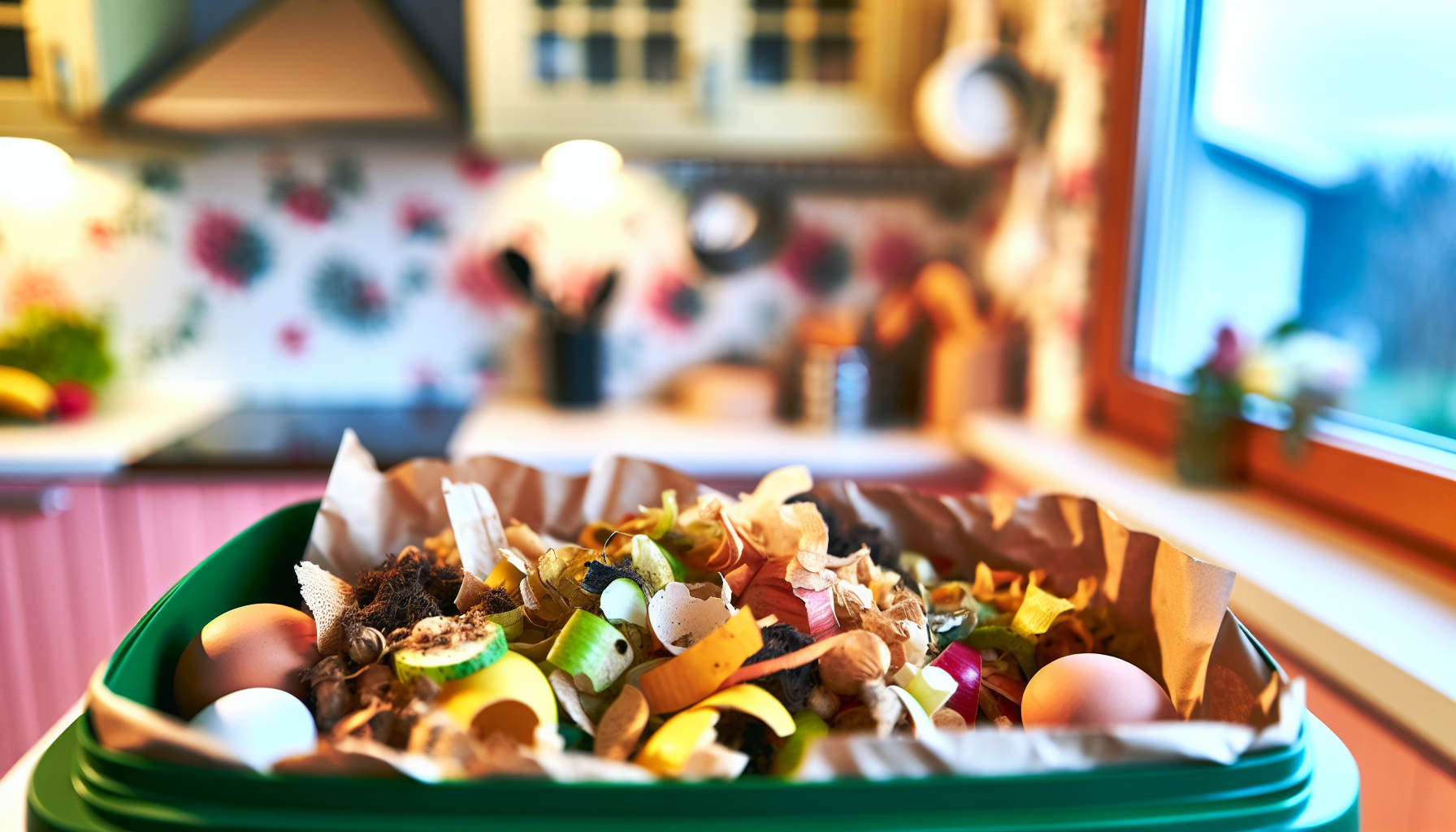 A compost bin with food scraps and organic material