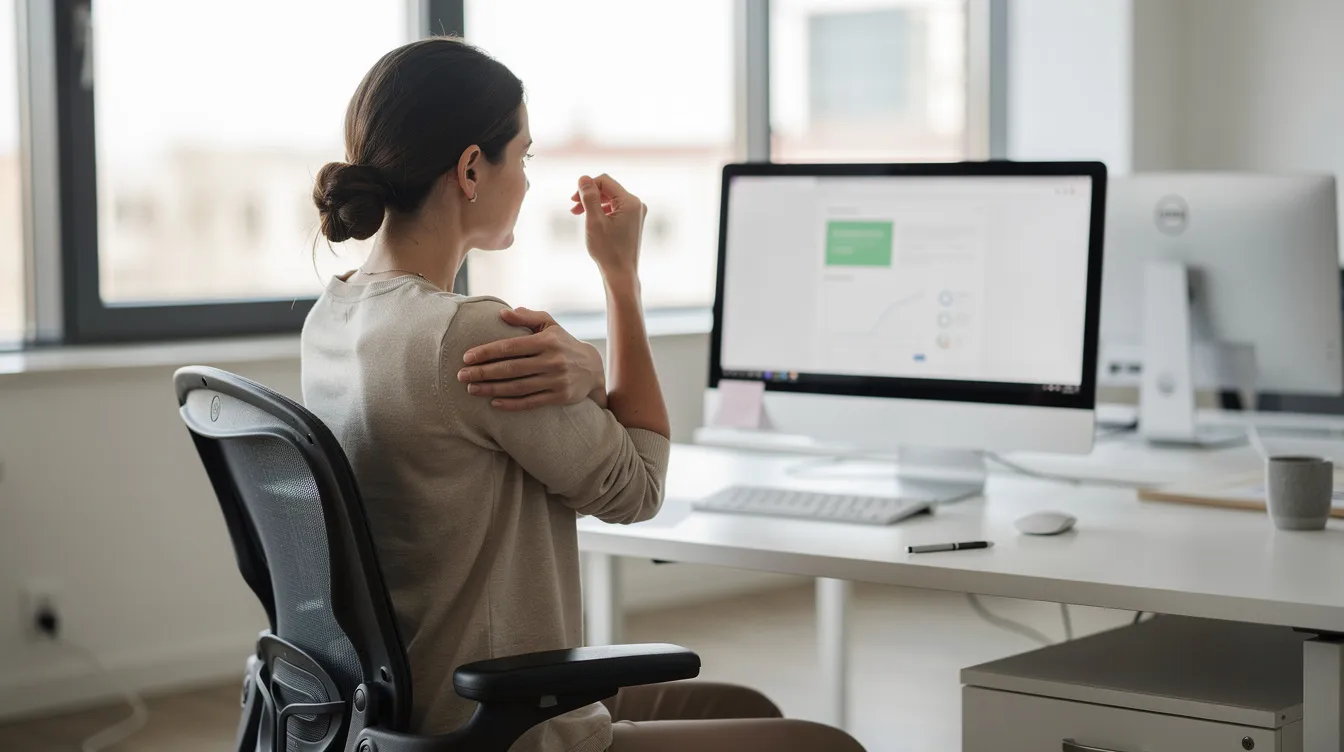 An office worker is performing a gentle shoulder stretch at their desk, promoting proper posture and helping to alleviate shoulder discomfort. In the background, a computer is visible, emphasizing the importance of maintaining good alignment during long hours of computer work to prevent musculoskeletal issues.