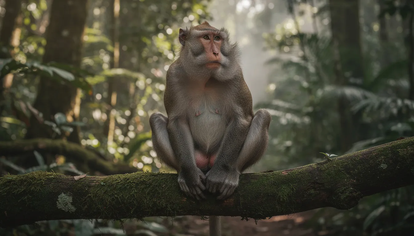 A realistic brown monkey is perched on a thick tree branch in a lush forest, showcasing its expressive face with bright eyes, a long tail, and detailed fur. The monkey's body is relaxed, embodying a cute and playful demeanor in its natural habitat.