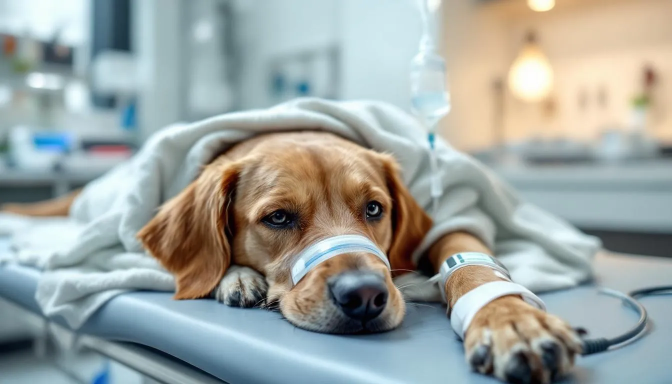 In a veterinary hospital, a dog is receiving IV fluid therapy while being monitored with medical equipment, indicating it may be experiencing head trauma or other serious injuries. The scene highlights the importance of veterinary care for dogs that may have suffered a concussion or other significant brain injuries.