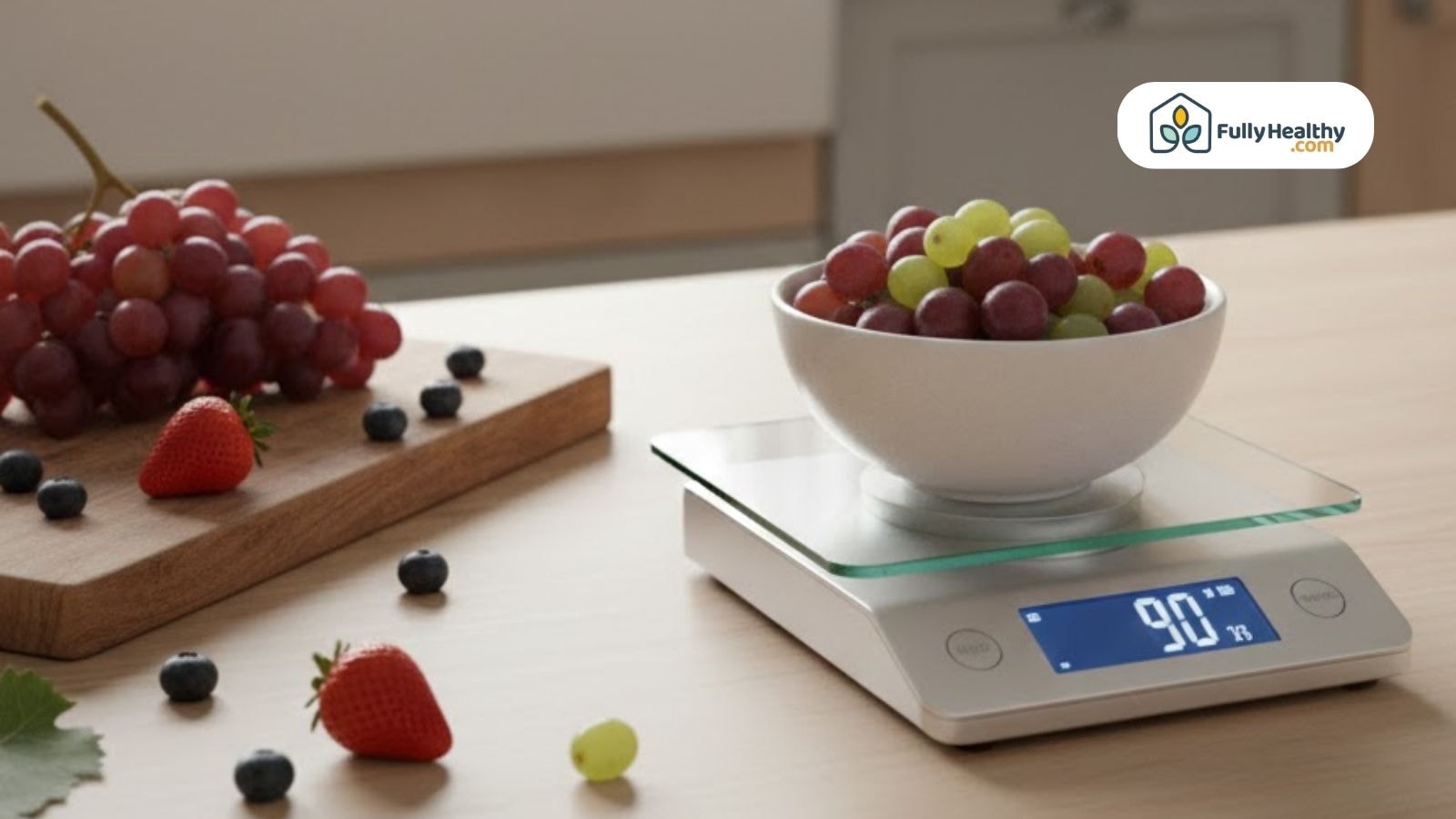 Bowl of red and green grapes with berries on a kitchen scale.