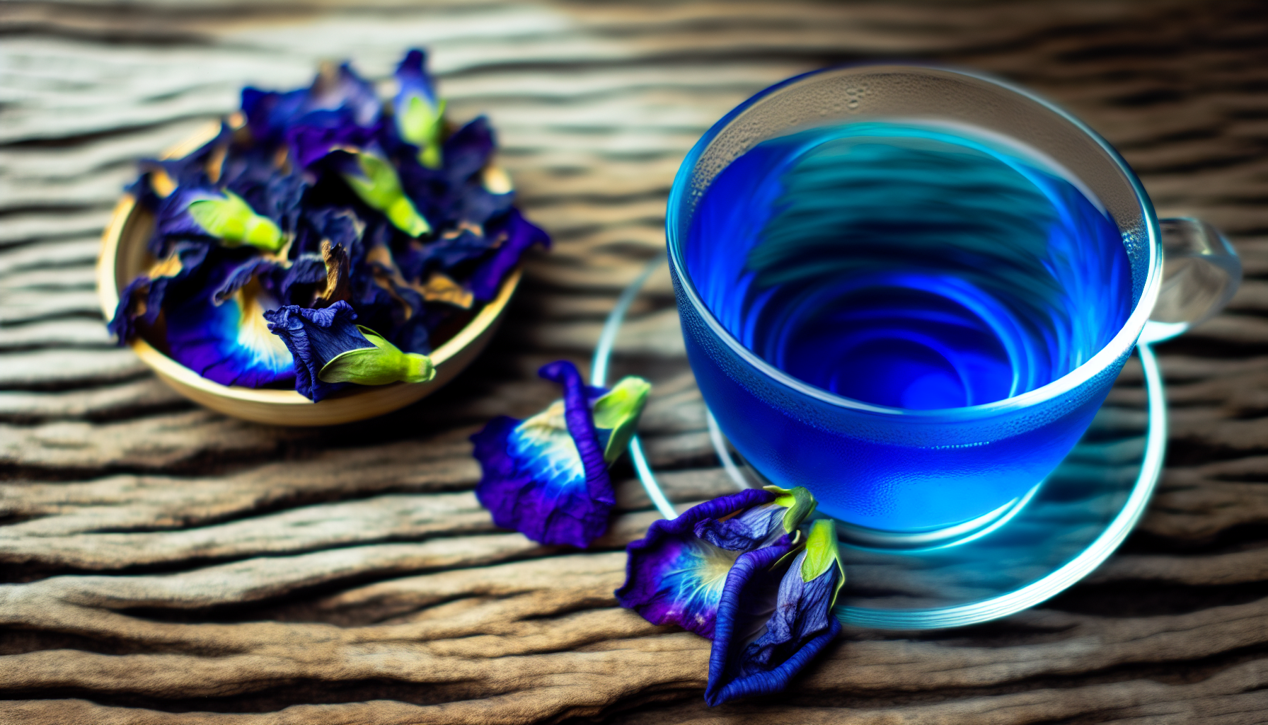 Dried butterfly pea flowers and a cup of vibrant blue butterfly pea flower tea