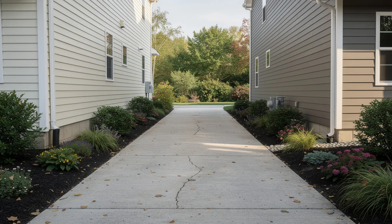 The image depicts a narrow residential driveway flanked by two houses, with well-maintained garden beds on either side that enhance the surrounding landscape. This inviting scene may inspire property owners to consider tree care or stump removal services for an immediate visual improvement in their outdoor space.