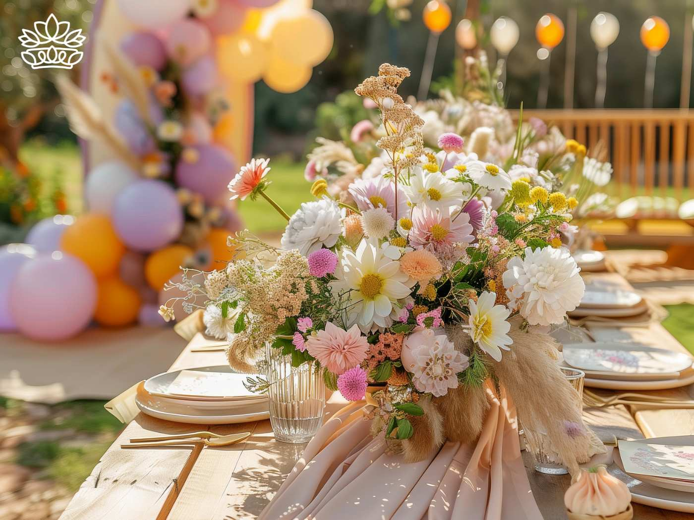 Sumptuous outdoor celebration table setting with a vibrant array of flowers centerpiece, under a canopy of fairy lights, embodying the essence of Fabulous Flowers and Gifts.