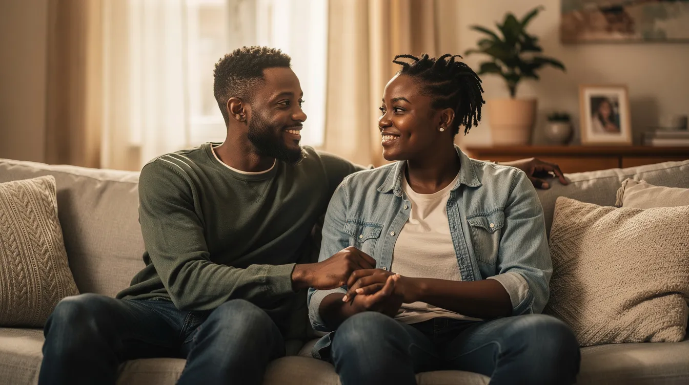 A black couple engages in a warm conversation, showcasing the signs of a healthy relationship through honest communication and genuine interest in each other's feelings. Their connection reflects major green flags, highlighting mutual respect and the ability to navigate tough moments together.