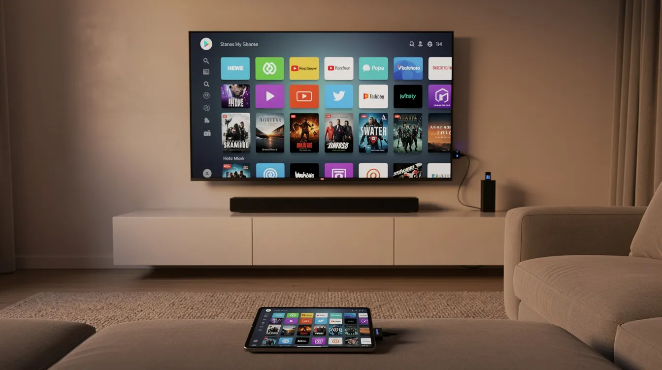 A modern living room features a large smart TV displaying a vibrant channel grid, showcasing various live TV channels. A streaming stick is plugged into the side of the TV, while a tablet rests on the coffee table, providing easy access to IPTV services and on-demand content.