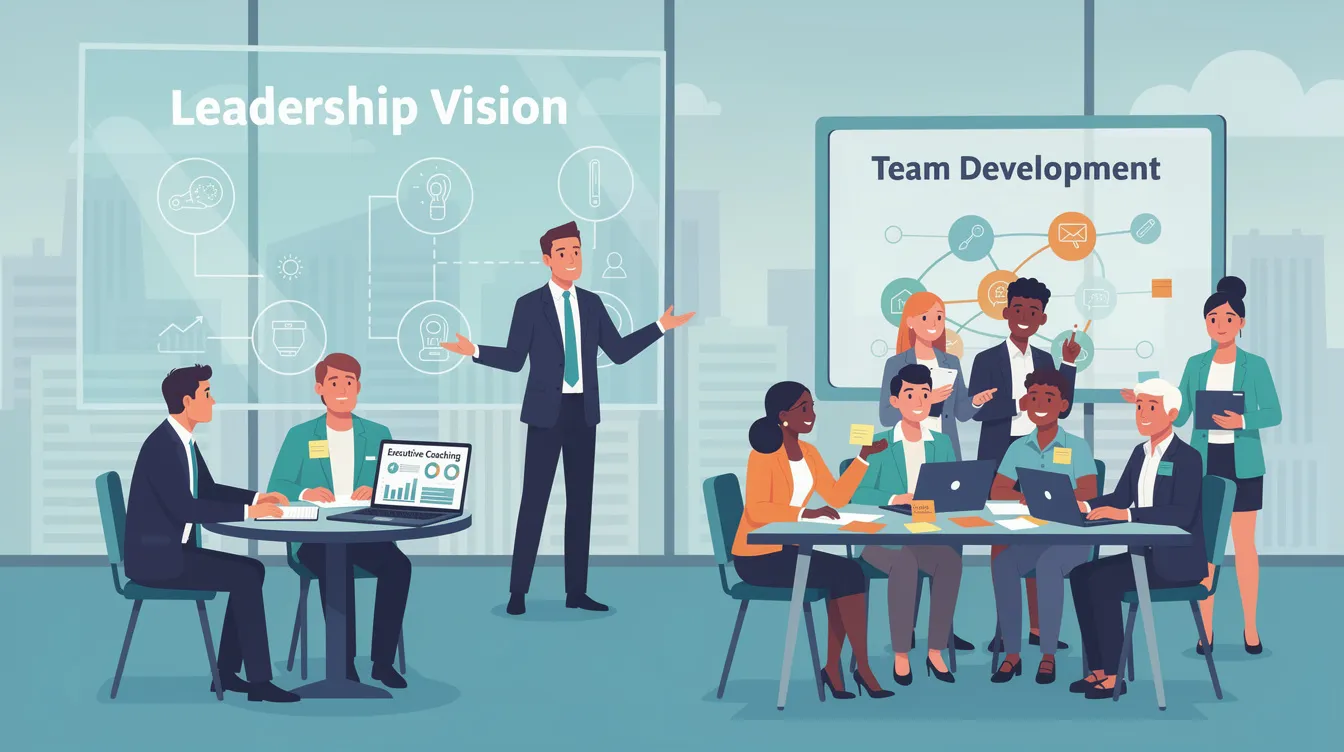 The image depicts a professional setting where a diverse group of individuals engages in a leadership and executive coaching session, focusing on team development. In the foreground, there are beautifully crafted pieces of amazonite jewellery, showcasing the semi-precious gemstone's soothing colours, symbolizing the soul of teamwork and collaboration.
