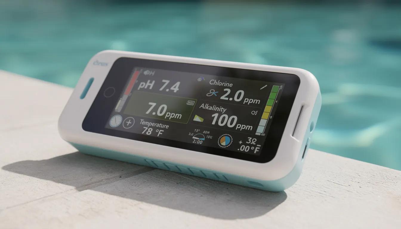 The image shows a close-up view of a digital pool water testing device, prominently displaying various chemical readings essential for maintaining proper pool water chemistry. This device is crucial for pool owners to monitor levels such as pH, chlorine, and calcium hardness, ensuring the swimming pool remains clean and safe for use.