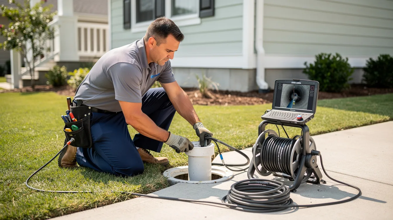 A professional plumber is seen inserting a sewer camera into an outdoor cleanout on a residential property, preparing to inspect the existing sewer line for potential issues such as blockages or damage. This camera inspection is a crucial step in diagnosing any sewer line problems and determining the appropriate repair method.