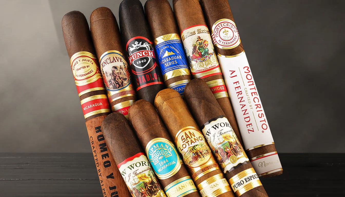 A selection of AJ Fernandez cigars displayed elegantly, showcasing their craftsmanship and quality.
