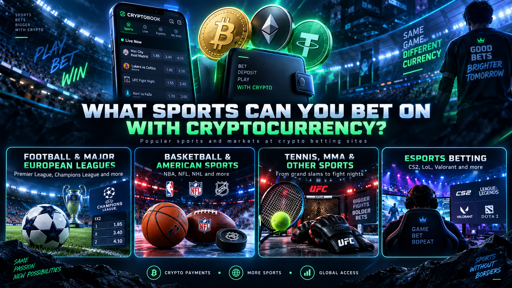 Overview of sports available at crypto bookies, including football, basketball, tennis, MMA and esports betting.