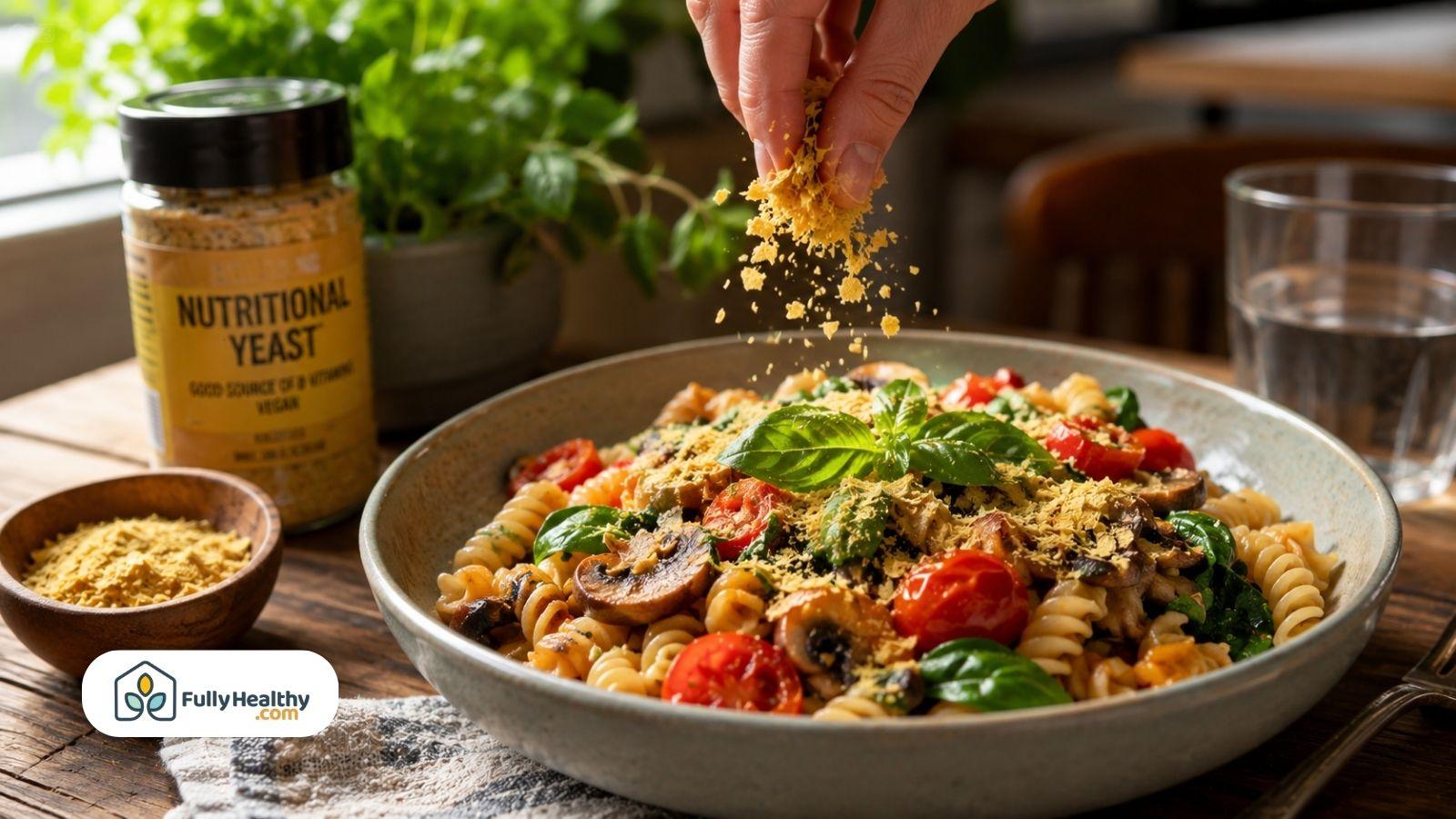 Hand sprinkling nutritional yeast over vegan pasta with fresh vegetables and herbs