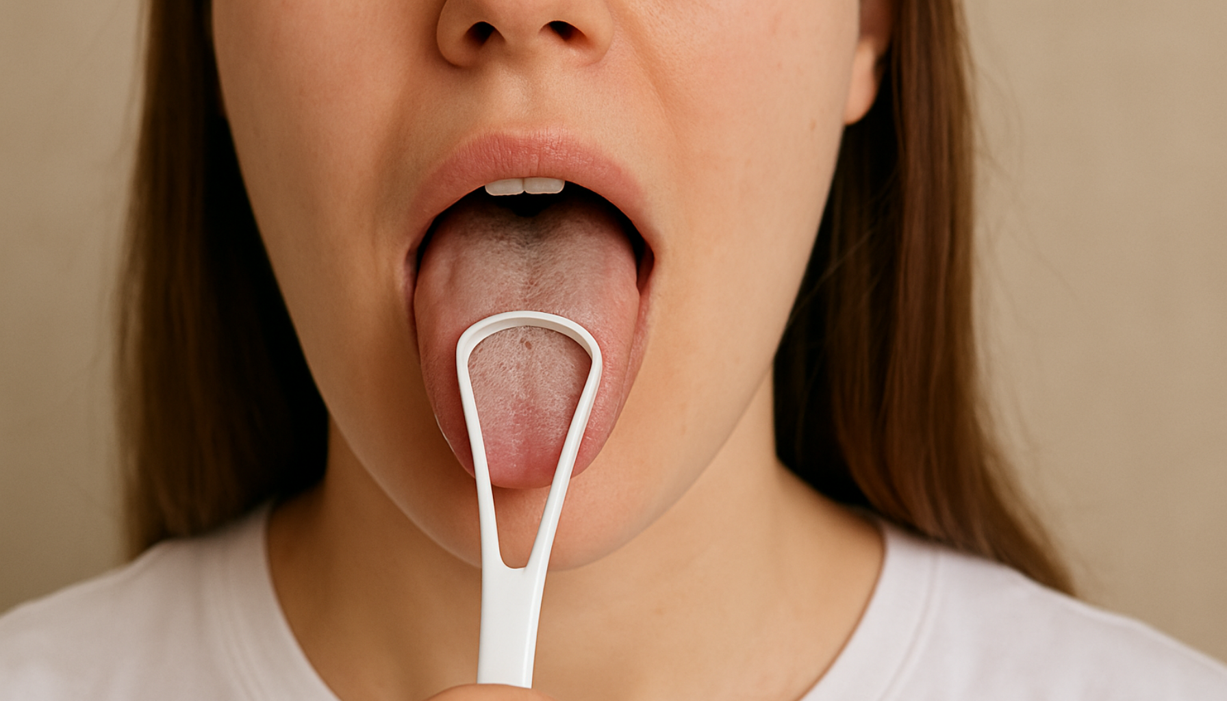 Hvitt Belegg På Tunga? Dette Kan Kroppen Din Prøve Å Fortelle Deg 16 Kvinne fjerner hvitt belegg fra tungen med tungeskrape, nærbilde av munnhygiene på nøytral bakgrunn.