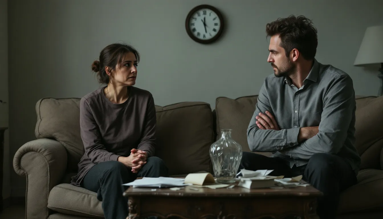 A couple is sitting at a table, looking somber as they discuss their divorce proceedings, surrounded by divorce papers and legal documents. The atmosphere reflects the emotional weight of child custody considerations and the complexities of the California divorce process.