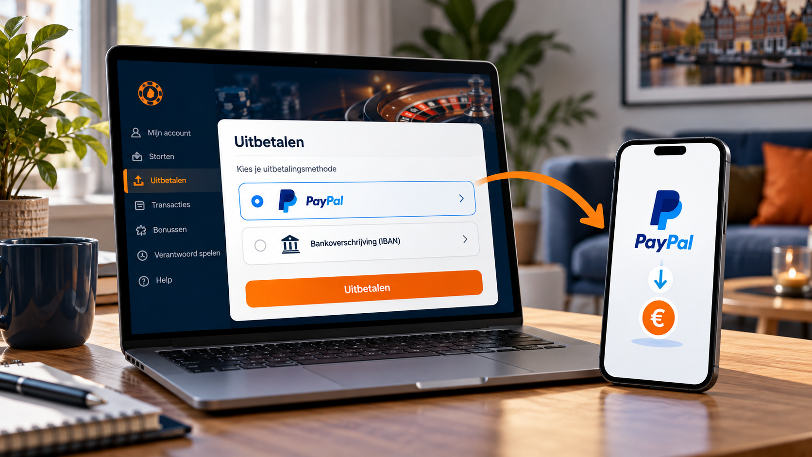 Uitbetalingspagina van een online casino met PayPal en bankoverschrijving als opties.