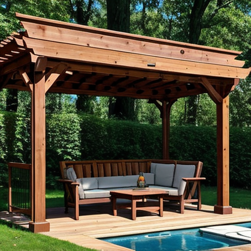 Lumber used in the construction of this DIY pergola.  Open, slated roof with a nice flat seating area, underneath.