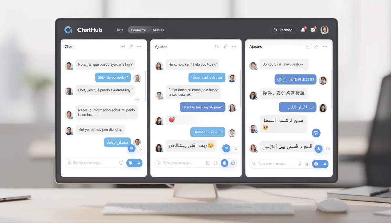 La imagen muestra una interfaz de chatbot que presenta múltiples conversaciones simultáneas en diferentes idiomas, destacando la capacidad de interacción en tiempo real con los clientes. Esta herramienta de inteligencia artificial permite a los usuarios gestionar consultas de forma eficiente, mejorando la experiencia del servicio al cliente.