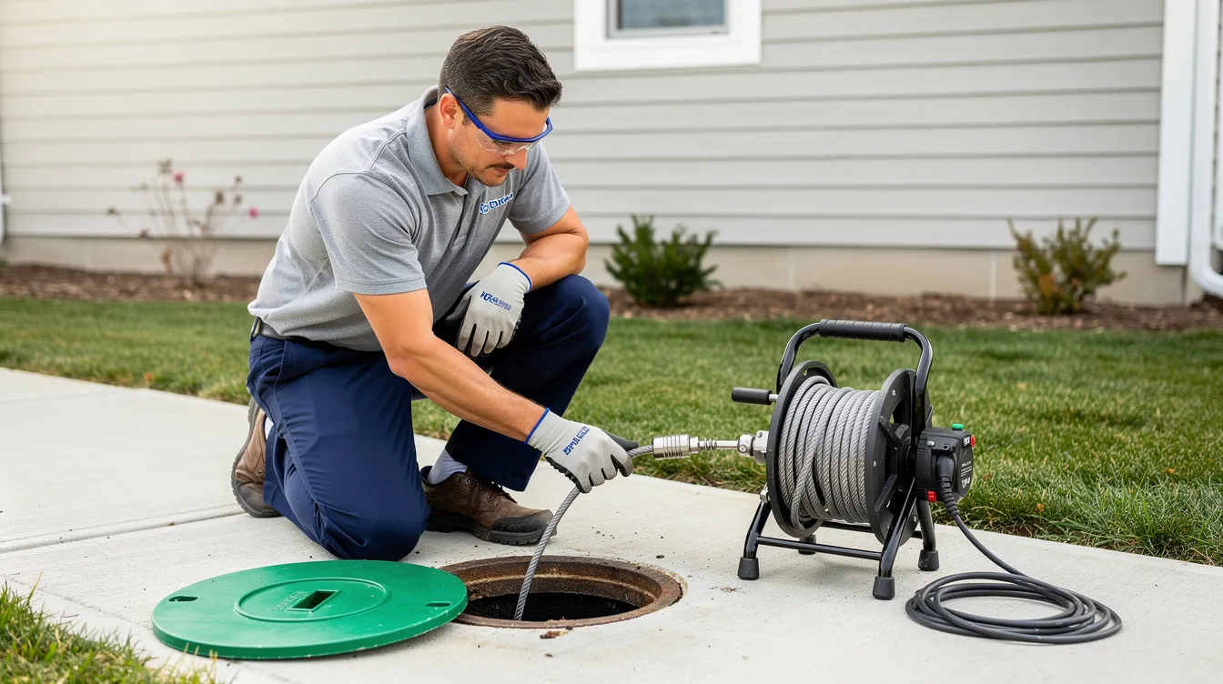 A professional plumber is operating a motorized drain snake machine near an outdoor sewer cleanout, focused on removing tree roots that may be causing blockages in the sewer line. The scene highlights the importance of drain cleaning and root removal to maintain a healthy plumbing system and prevent future root intrusion.