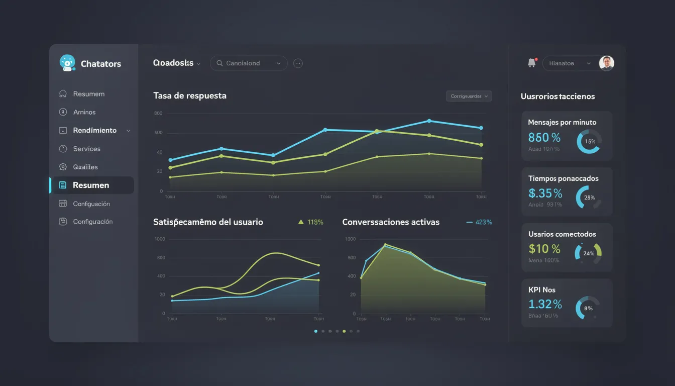Imagen de un dashboard de análisis que muestra métricas de rendimiento de chatbots en tiempo real, incluyendo datos sobre tiempos de respuesta, satisfacción del cliente y flujos de trabajo. Este software de chatbot con IA permite a las empresas mejorar la experiencia de atención al cliente a través de la inteligencia artificial y el procesamiento de lenguaje natural.
