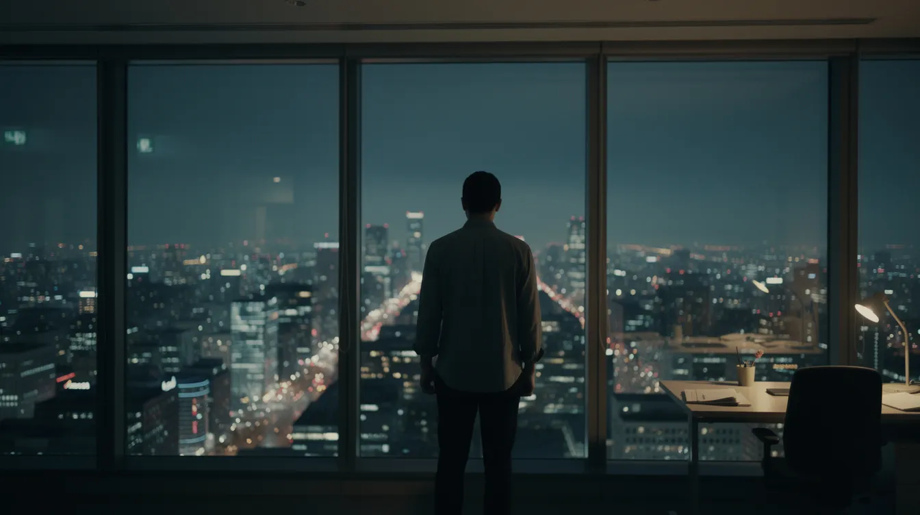 A solitary figure stands at a floor-to-ceiling office window at night, gazing down at the city lights below, embodying a sense of reflection and isolation. This scene highlights the emotional exhaustion often associated with corporate burnout, emphasizing the need for mental health support and effective strategies to manage stress and promote a healthy work-life balance.