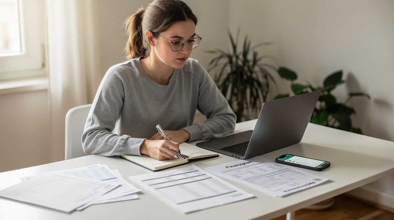 Eine junge Frau sitzt konzentriert an ihrem Laptop und plant ihre Finanzen, während sie Notizen macht. Sie beschäftigt sich mit Themen wie ETF-Sparplänen und dem langfristigen Vermögensaufbau, um ihr Geld sinnvoll zu investieren.