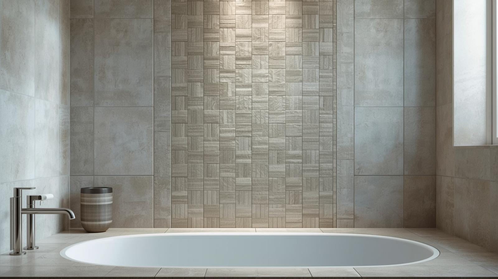 A serene spa-like bathroom featuring a stunning basket weave tile pattern on the main accent wall.
