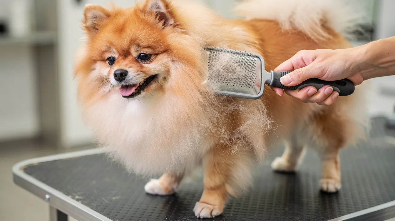 A fluffy Pomeranian is being gently brushed with a slicker brush on a grooming table, showcasing its beautiful coat and small size. The scene highlights the care involved in grooming this popular toy dog breed, emphasizing the importance of frequent brushing for maintaining their health and appearance.