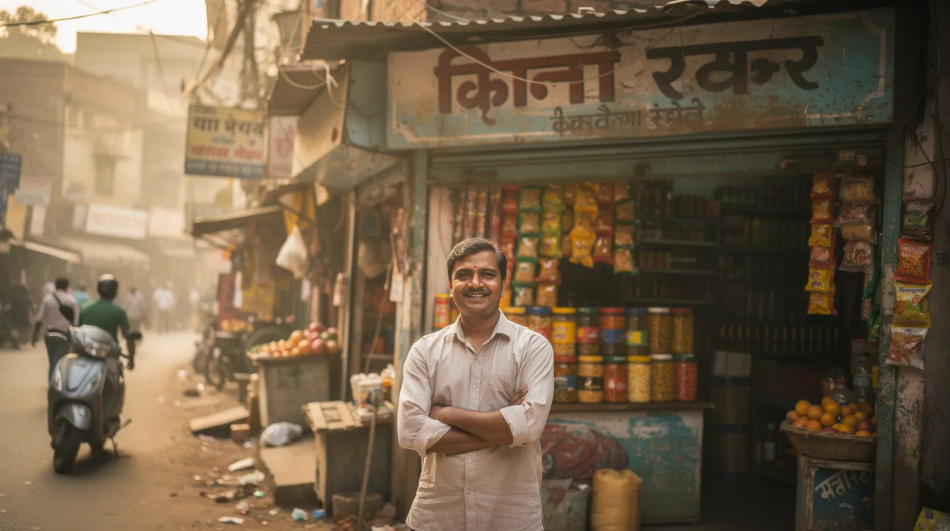5cc86cad 48ad 4e84 9a0f f56a00ac1288 A proud small business owner stands outside a modest shop on a bustling Indian market street, showcasing their entrepreneurial spirit. This scene reflects the opportunities available through initiatives like the Pradhan Mantri Mudra Yojana, which provides financial assistance to small enterprises and micro units.