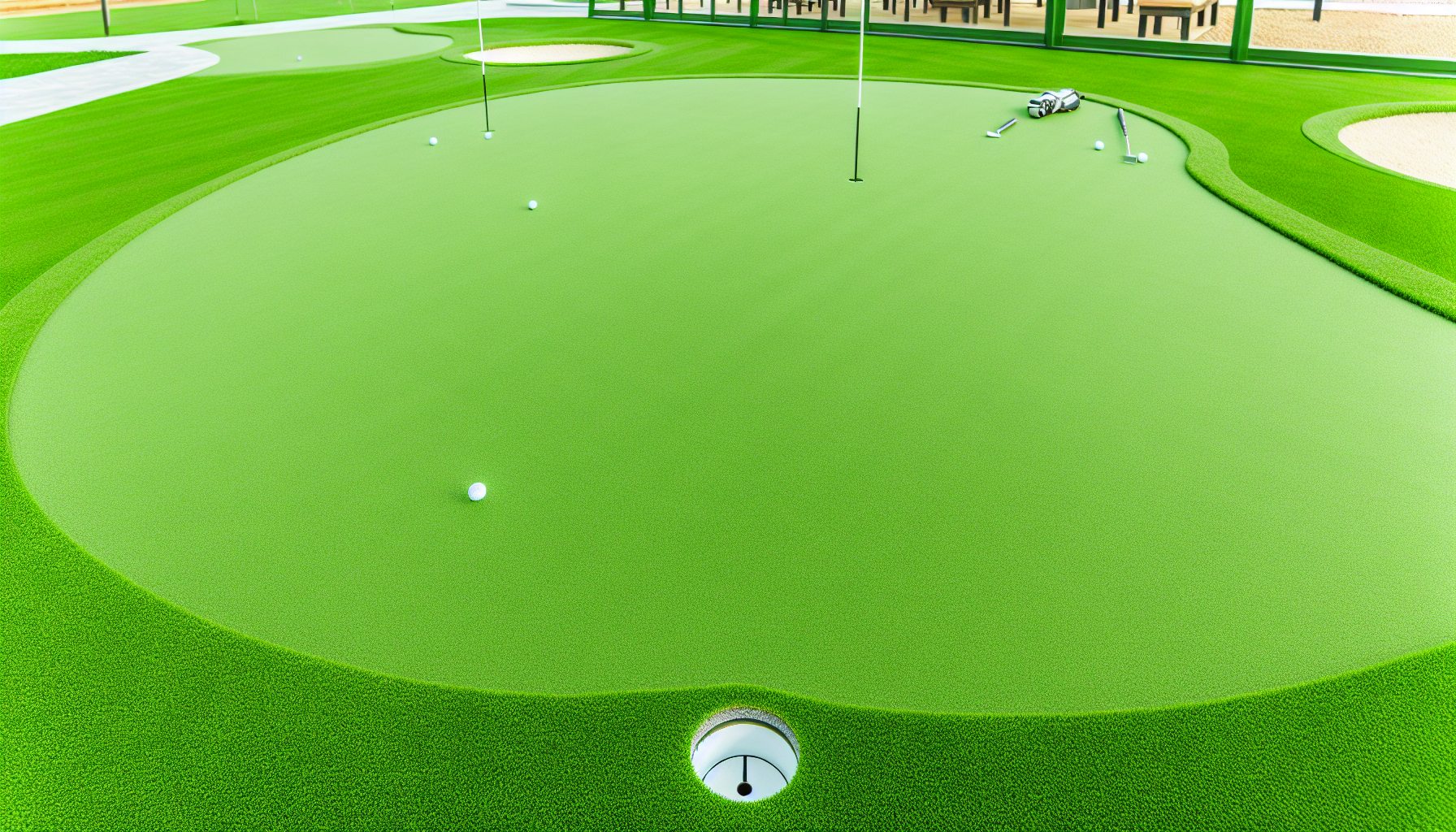 Artificial putting green with customizable design and optimal ball roll performance