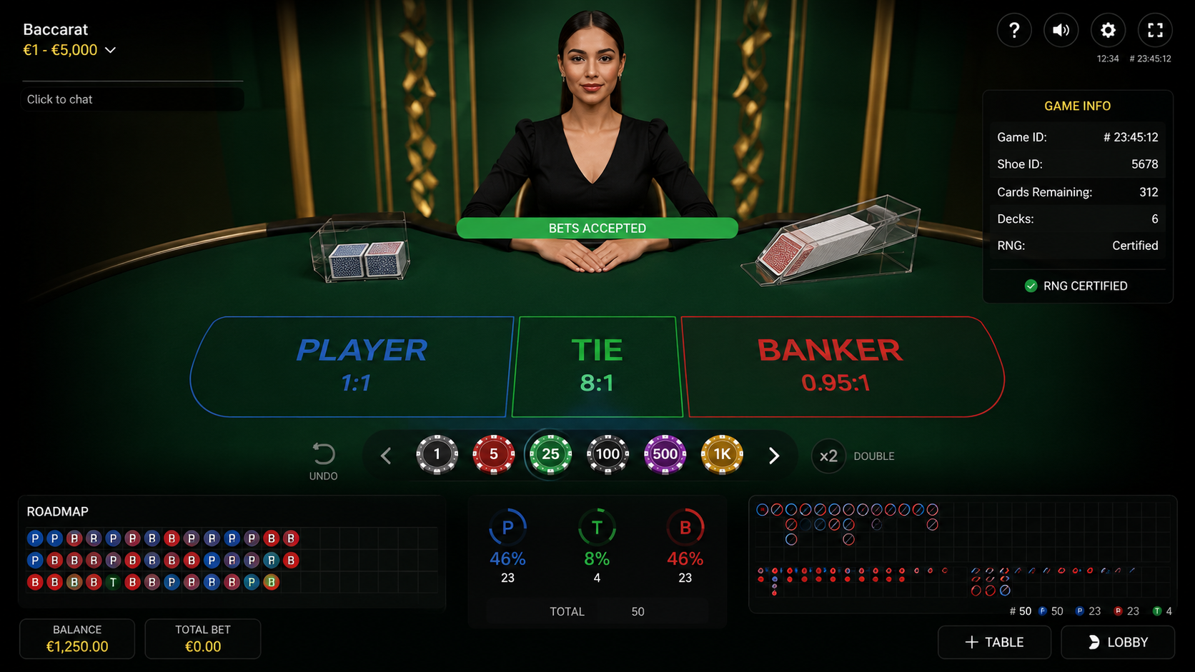 Online baccarat med digitalt spelbord, statistik och satsningar på Player, Banker och Tie.