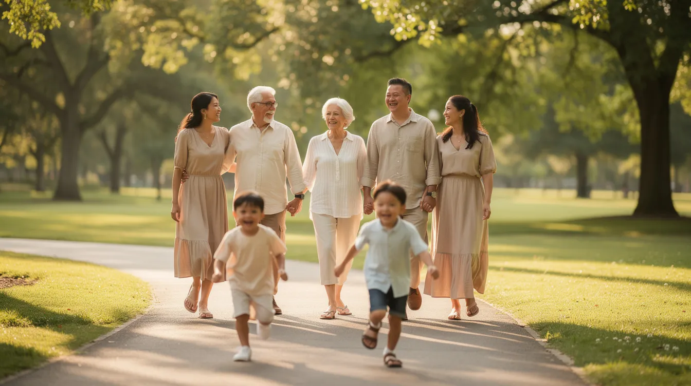 A multi-generational family is walking together in a park, enjoying time outdoors and fostering emotional well-being through their relationships. This scene highlights the importance of social support in coping with the stresses of life and promoting mental health.
