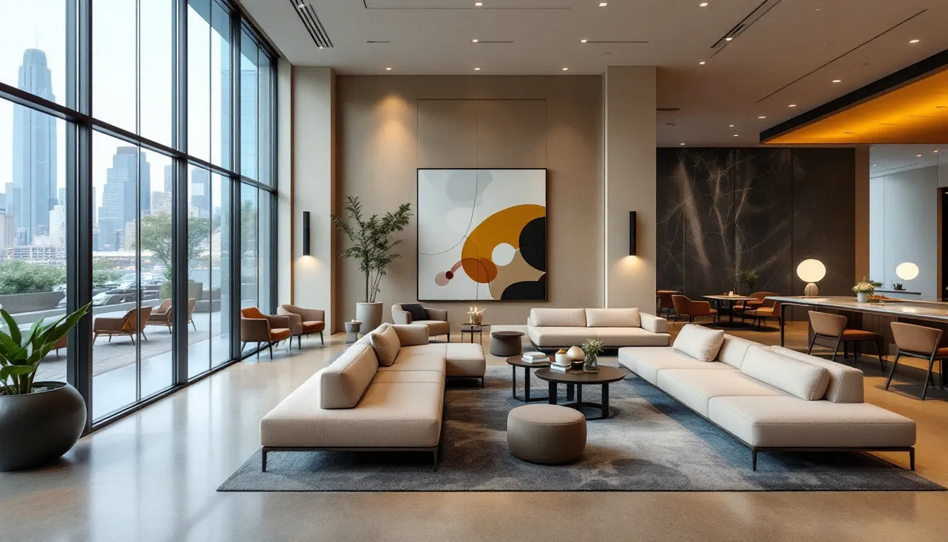 A modern hotel lobby features comfortable seating and a professional design, creating an inviting atmosphere for guests and business travelers alike. This well-managed space reflects the hospitality industry’s emphasis on guest experience and operational efficiency, essential for a successful hotel business.