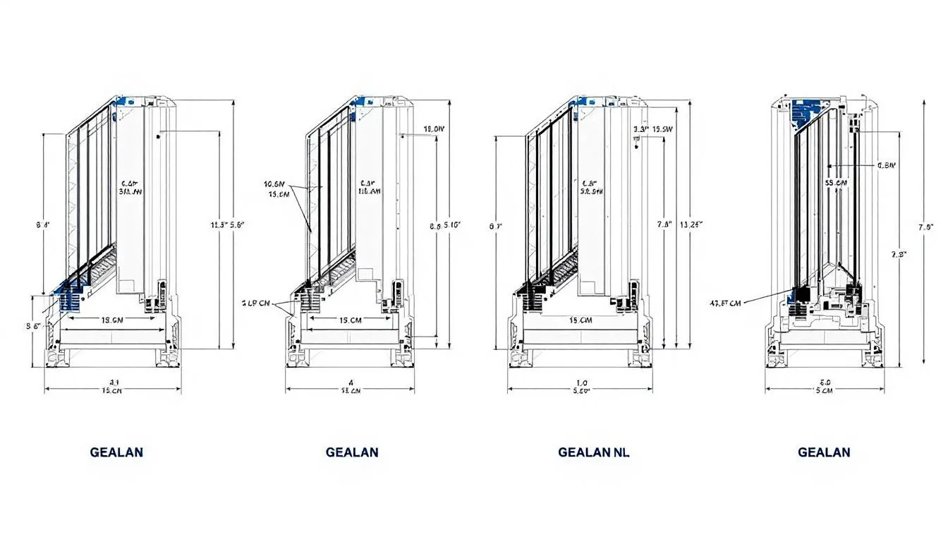 De afbeelding toont een vergelijking van vier verschillende GEALAN S9000 NL profielvarianten naast elkaar, waarbij de unieke kenmerken zoals de innovatieve flexibele middendichting en verhoogde sponningen zichtbaar zijn. Deze profielen zijn speciaal ontworpen om te voldoen aan de eisen van moderne woningen op de Nederlandse markt, met voordelen zoals betere isolatie en geluidsisolatie.