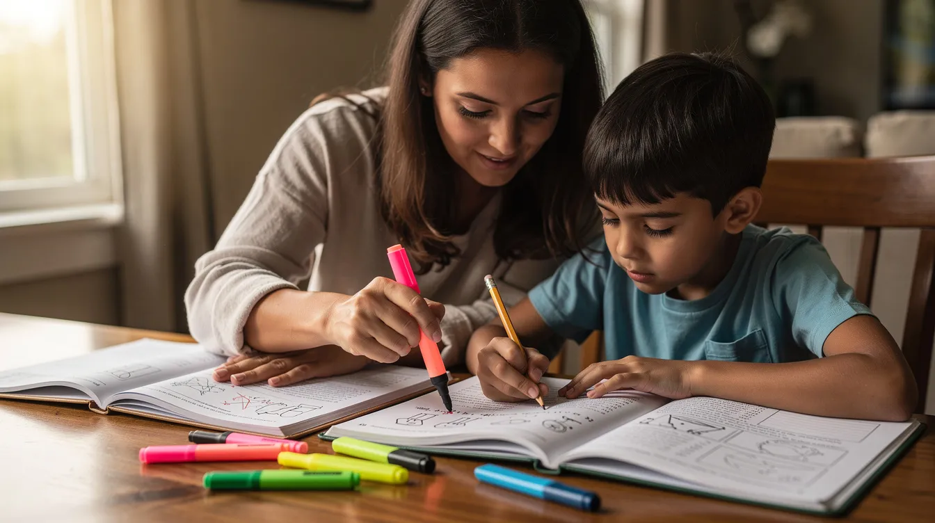 A parent and child are sitting together at a table, reviewing homework with colorful highlighters. This scene highlights the importance of teaching children self-monitoring skills, as they double-check their work and identify common mistakes to improve their academic performance.