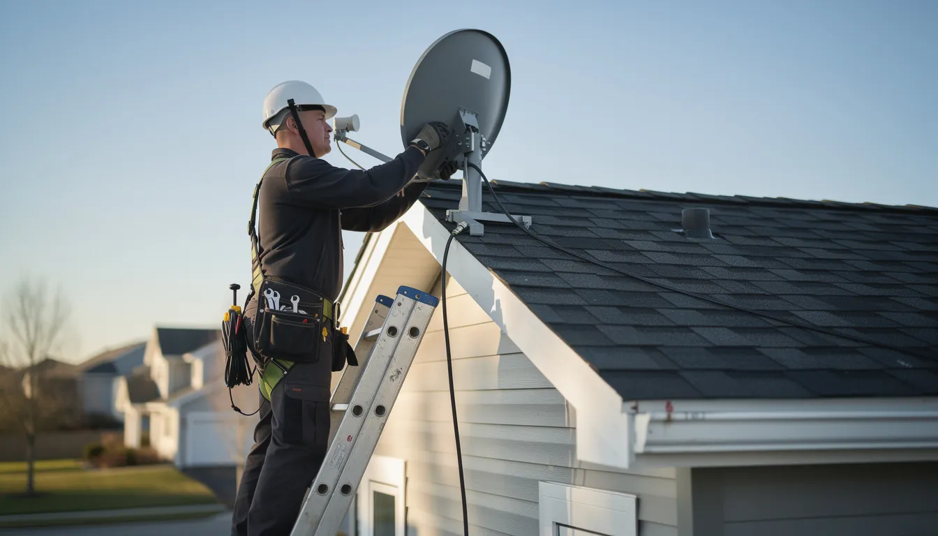 A trained technician is on a ladder, adjusting a satellite dish on a residential rooftop to ensure optimal signal reception for the DSTV system. This scene highlights the importance of professional DSTV installation services for reliable access to favorite shows and channels.