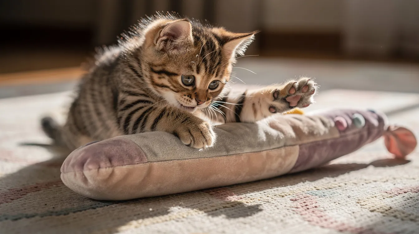 A playful kitten is wrapped around a soft, elongated catnip toy, energetically kicking with its hind legs on a light-colored rug. The scene captures the kitten's joy and excitement during playtime, showcasing its natural behavior and affection for the toy.