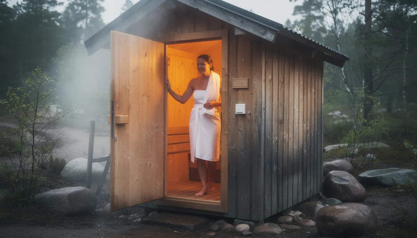A person is stepping out of a wooden sauna cabin, appearing relaxed and refreshed after an infrared sauna session. This moment captures the soothing effects of infrared heat therapy, which is known for its joint pain relief and overall wellness benefits.